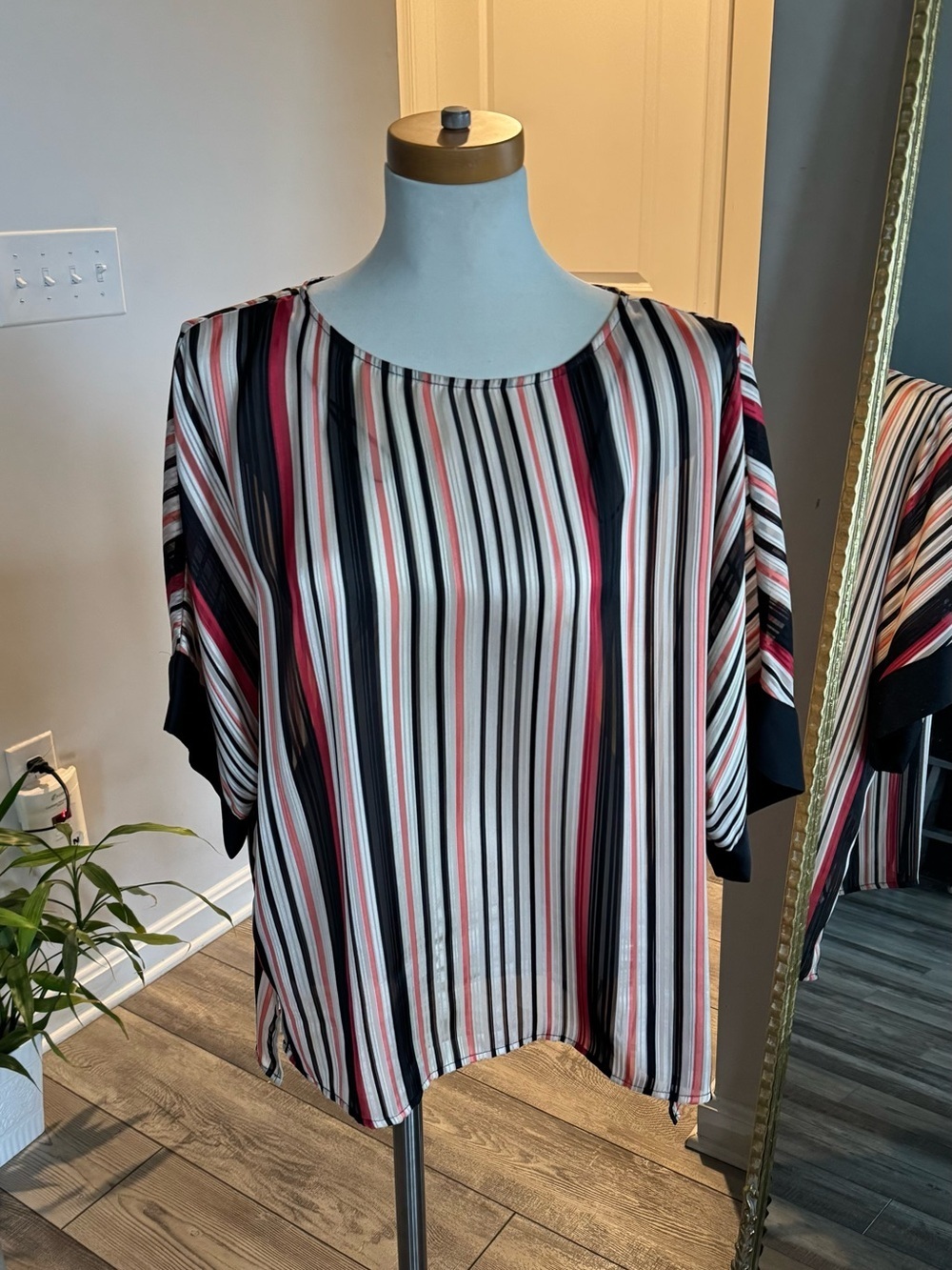 Vince Camuto Vertical Striped Short Sleeve Blouse - Black, White & Pink